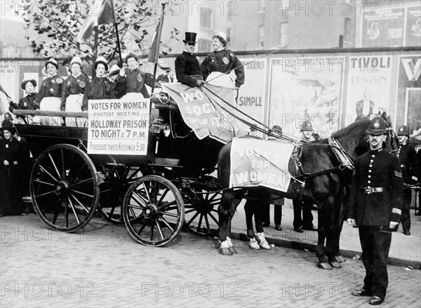 Ex-suffragette prisoners, advertise a 'protest meeting' to be held outside Holloway Gaol, 1908. Artist: Unknown