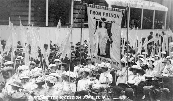 The 'From Prison to Citizenship' banner on the Women's Coronation Procession, London, 1911. Artist: Unknown