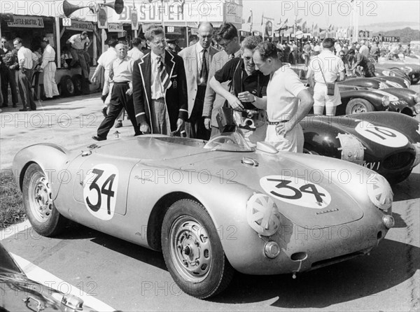 Stirling Moss with Porsche RSK, Goodwood, Sussex, 1955. Artist: Unknown