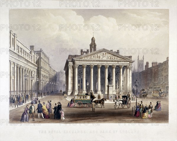 Royal Exchange and the Bank of England on the left, London, 1851. Artist: Thomas Picken