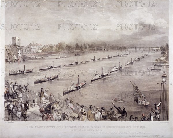 The fleet of the City steamboats passing in review order off Chelsea, London, c1860. Artist: Edwin Jewitt