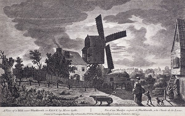 A mill on Blackheath by moonlight; including figures and a windmill, Greenwich, London, 1770. Artist: John June