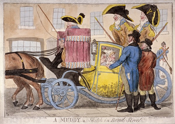 Ladies inside a muddy, Bond Street, London, 1800. Artist: Anon