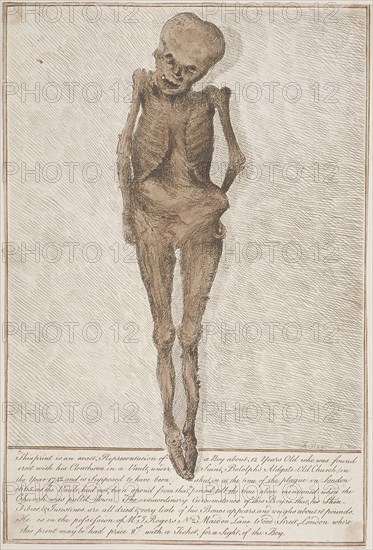 Skeleton of boy found in the vault at St Botolph, Aldgate, London, 1742. Artist: HA Rogers