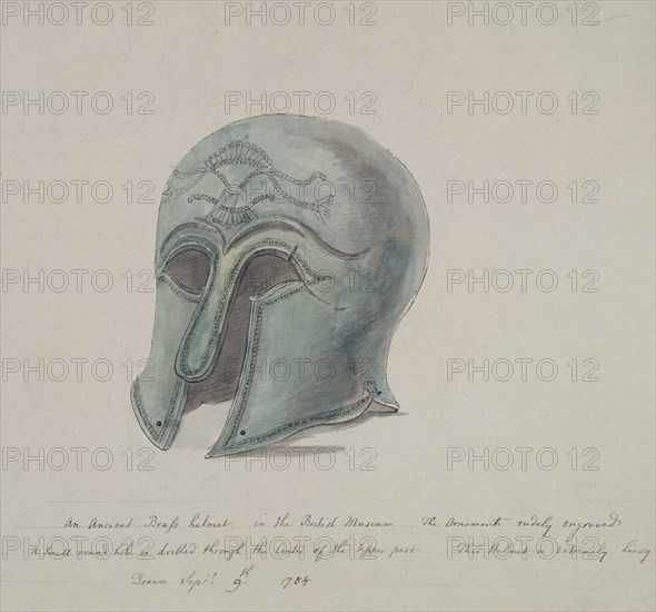 Ancient brass helmet from the British Museum, Holborn, London, 1784. Artist: William Angus