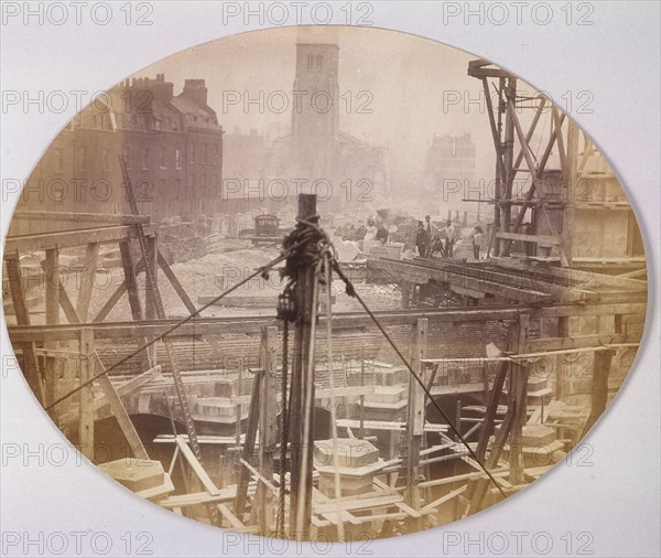 Holborn Viaduct being constructed across Farringdon Street, Holborn, London, 1869. Artist: Henry Dixon