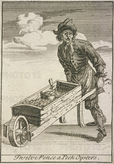 'Twelve Pence a Peck Oysters', Cries of London, (c1688?). Artist: Anon