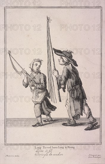 'Long Threed Laces Long & Strong', Cries of London, (1688?). Artist: Anon