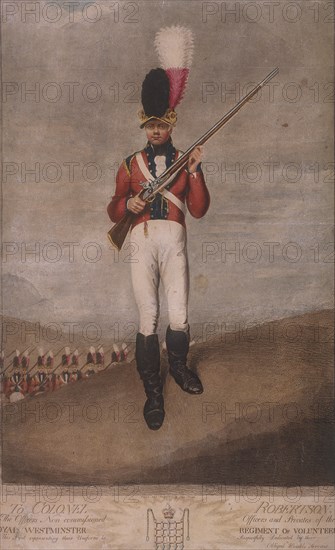 Military figure in the uniform of the Royal Westminster Regiment of Volunteers, c1800. Artist: John Dunn