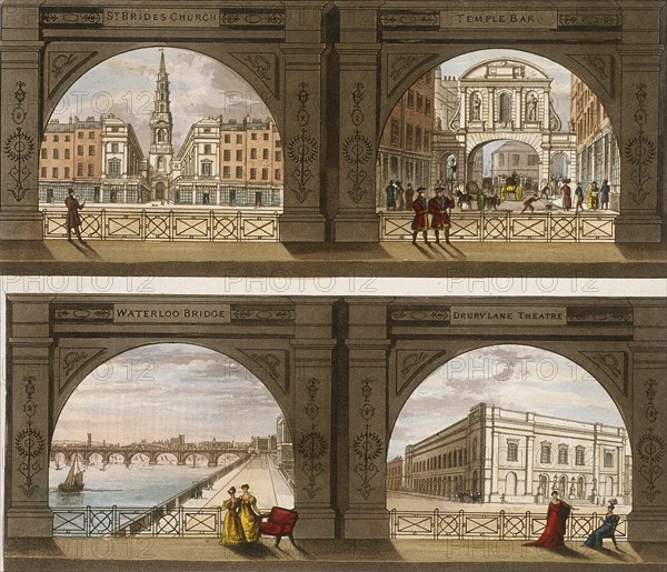 Four views of London sites seen through an arch, c1820. Artist: Anon