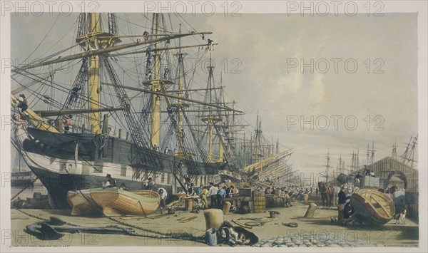 View of West India Docks from the south east, 1840. Artist: William Parrott