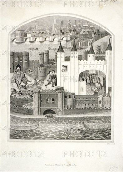 Charles duc d'Orleans imprisoned in the Tower of London with London Bridge in the background, 1803. Artist: James Basire II