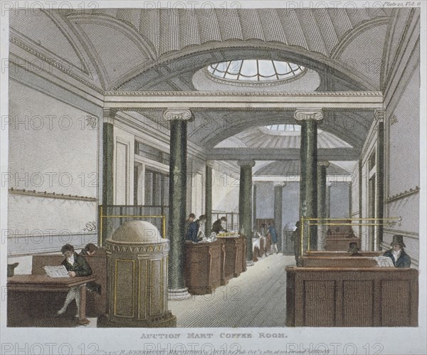 Interior view of the coffee room at the Auction Mart, Bartholomew Lane, City of London, 1811. Artist: Anon