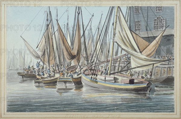 View of Billingsgate wharf with boats on the water, City of London, 1790. Artist: Robert Clevely