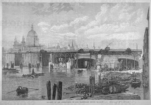 Construction work being carried out on Blackfriars Bridge, London, 1868. Artist: Anon