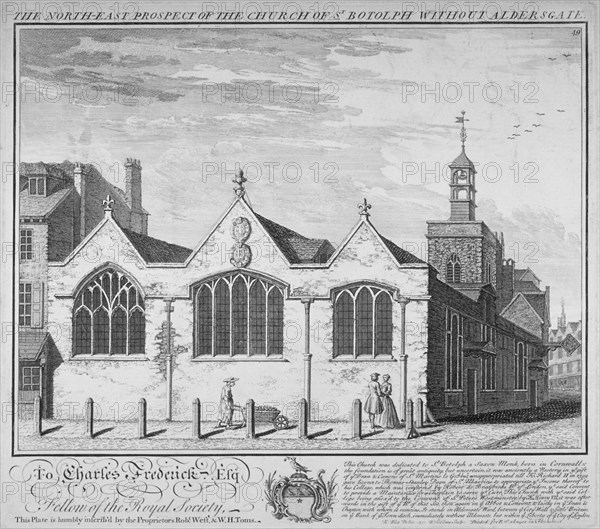 North-east view of the Church of St Botolph Aldersgate, City of London, 1740. Artist: William Henry Toms