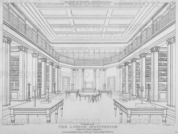 Interior view of the library in the London Institution, Finsbury Circus, City of London, 1824. Artist: James Carter