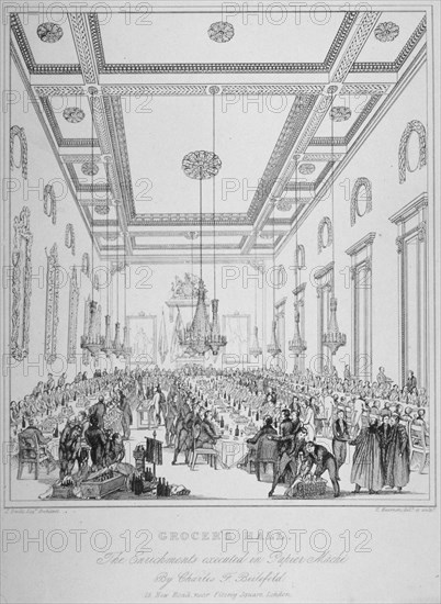 Interior of Grocers' Hall during a banquet, City of London, 1830. Artist: T Kearnan