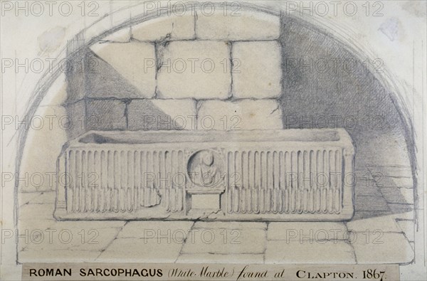 Roman marble sarcophagus found at Clapton in 1867, carved with a medallion relief of figure, 1872. Artist: Anon