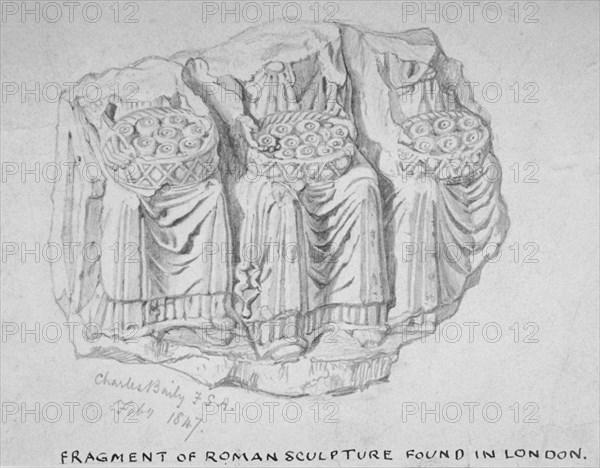 Fragment of Roman sculpture found in Hart Street, Crutched Friars, City of London, 1847. Artist: Charles Baily