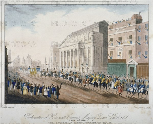 Procession passing Mansion House, City of London, 1837. Artist: E Sexton