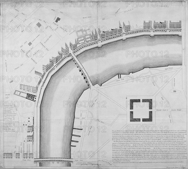 Proposed Thames embankment, London, 1760. Artist: Anon