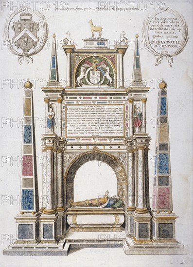 Monument to Sir Christopher Hatton in old St Paul's Cathedral, City of London, 1656. Artist: Wenceslaus Hollar