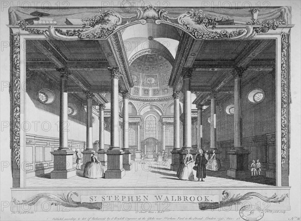 Interior view looking east, Church of St Stephen Walbrook, City of London, 1750. Artist: John Boydell