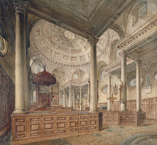 Interior view of the Church of St Stephen Walbrook, City of London, 1811. Artist: John Coney