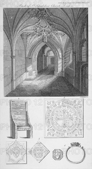 Interior view of the porch of St Sepulchre Church, City of London, 1819. Artist: J Swaine