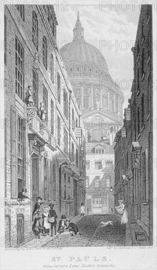 View of St Paul's Cathedral from Sermon Lane, City of London, 1823. Artist: James Sargant Storer