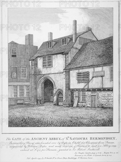 The gate to the Abbey of St Saviour, Bermondsey, Southwark, London, 1794. Artist: Anon