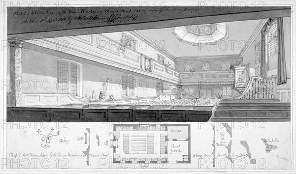 Three Cranes Lane Chapel, Upper Thames Street, City of London, 1818. Artist: Robert Blemmell Schnebbelie