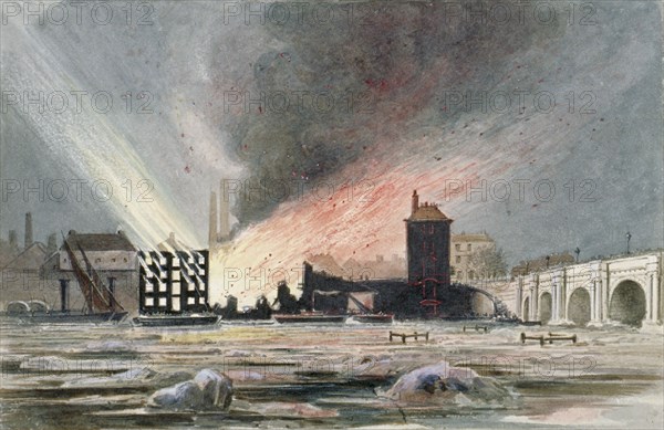 Destruction of Sir C Price's oil warehouse and wharf, William Street, Blackfriars, London, 1845. Artist: Anon