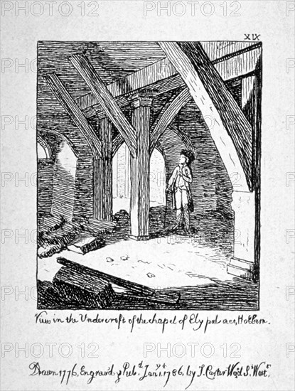 View in the undercroft of the Church of St Etheldreda, Ely Place, Holborn, London, 1786. Artist: John Carter