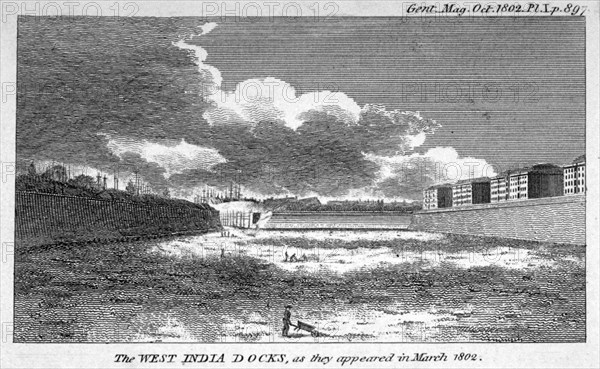 View of West India Docks, Poplar, London, 1802. Artist: Anon