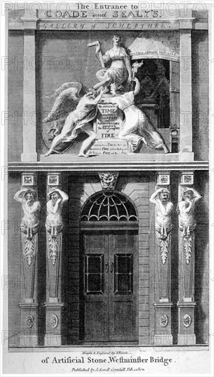 Entrance to Coade and Sealey's Gallery of Coade stone sculpture, Lambeth, London, 1802. Artist: Samuel Rawle