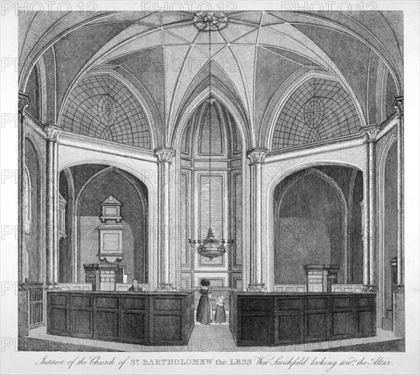 Interior of the Church of St Bartholomew-the-Less looking towards the altar, City of London, 1834. Artist: Anon