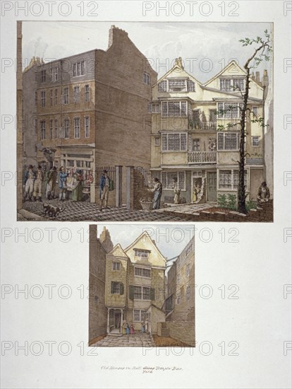 Two views of 17th century houses in Little Bell Alley, City of London, 1818. Artist: Robert Blemmell Schnebbelie