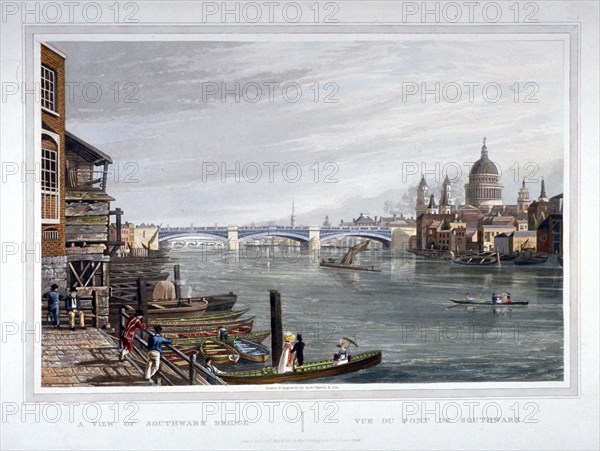 View of the east side of Southwark Bridge, London, 1820. Artist: Robert Havell