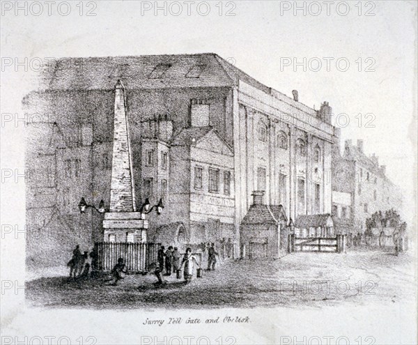 Toll gate and obelisk at St George's Circus, Southwark, London, c1830. Artist: Anon