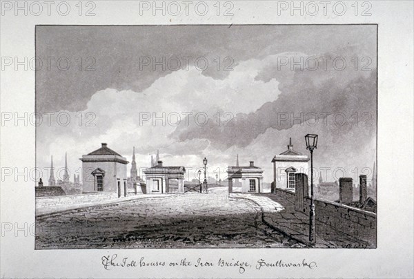 Toll houses on Southwark Bridge, London, 1827. Artist: John Chessell Buckler