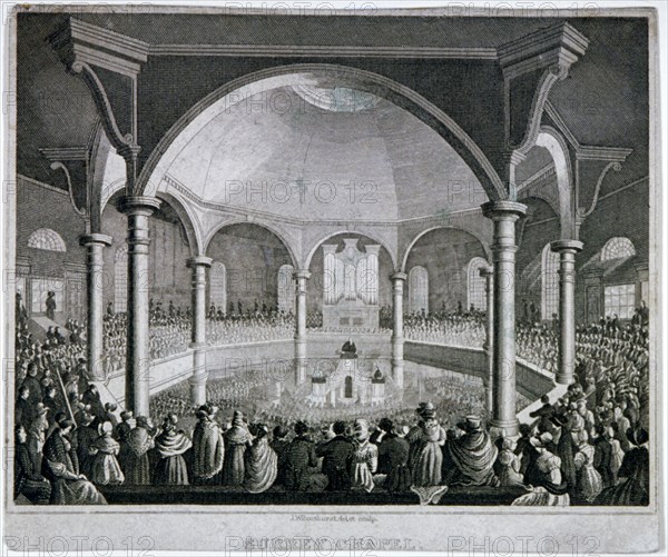 Interior view of Surrey Chapel with a service taking place, Southwark, London, c1815. Artist: J Wilmshurst