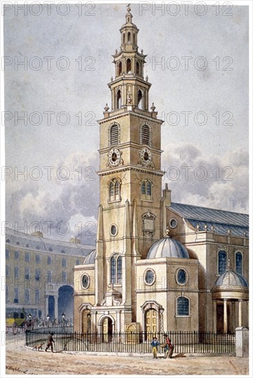 South-west view of the Church of St Clement Danes, Westminster, London, 1814. Artist: Thomas Hosmer Shepherd