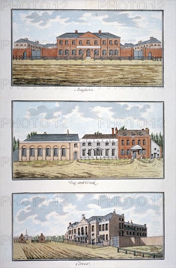 Three buildings in St George's Fields, Southwark, London, c1790. Artist: Thomas Trotter