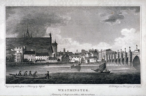 View of the River Thames, Westminster Bridge and the Palace of Westminster, London, 1808. Artist: AW Warren