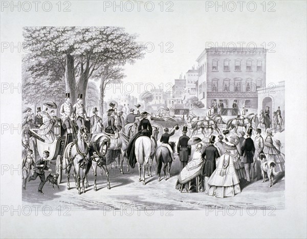 Queen Victoria riding in a carriage in Hyde Park, Westminster, London, c1840. Artist: Anon