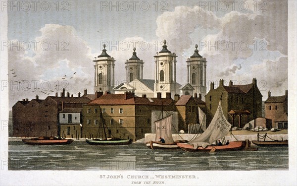 Church of St John the Evangelist from the River Thames, Westminster, London, 1815. Artist: Anon