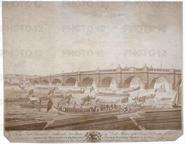 Westminster Bridge with the Lord Mayor's procession on the River Thames, London, 1783. Artist: I Wells