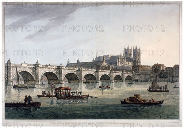 Westminster Bridge, Westminster Abbey and Westminster Hall, London, 1789. Artist: Joseph Constantine Stadler